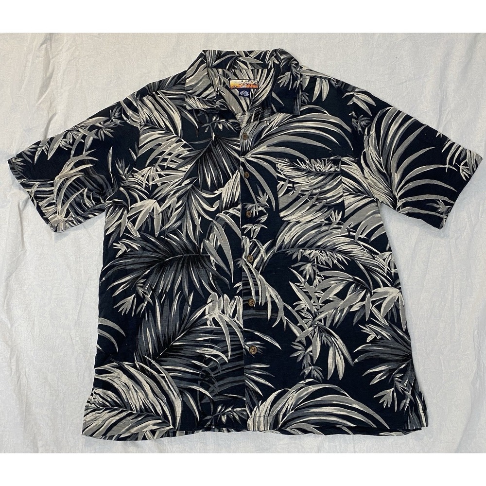 Hawaii Jacks Cafe Mens L 100% Silk Hawaiian Shirt Navy Palm Leaf Aloha